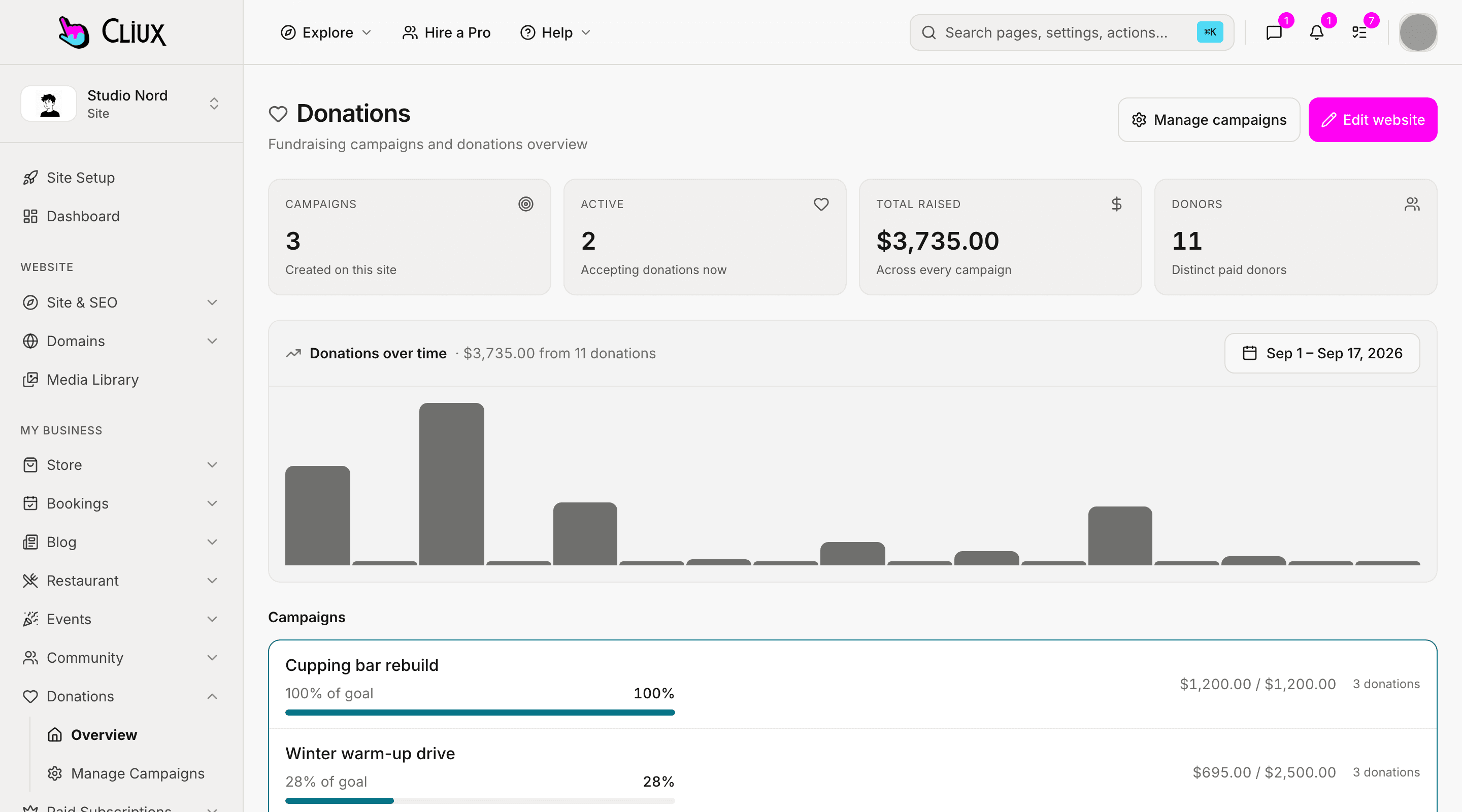 The donations screen of a sample site, with its campaigns and the gifts that came in.