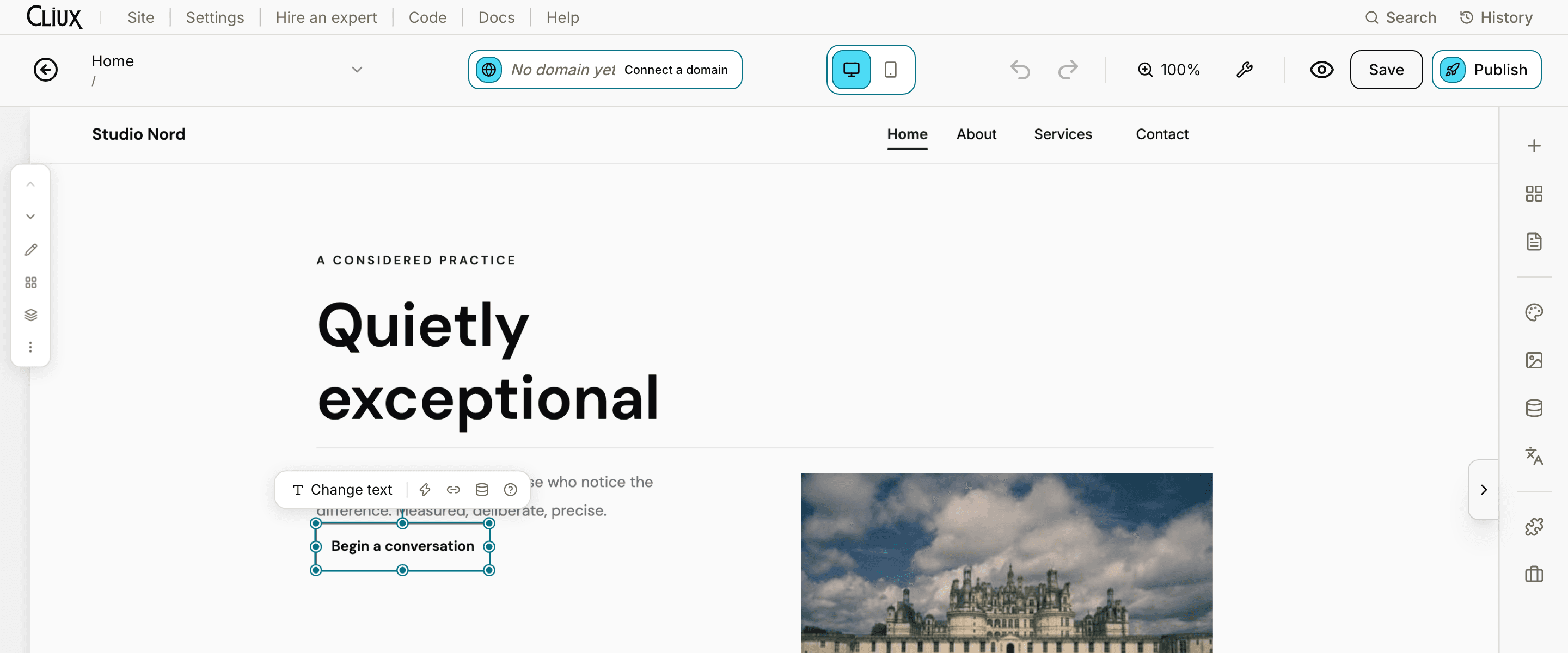 The Cliux editor with a business site open on the freeform canvas, a button selected, and the editor rail on the right.