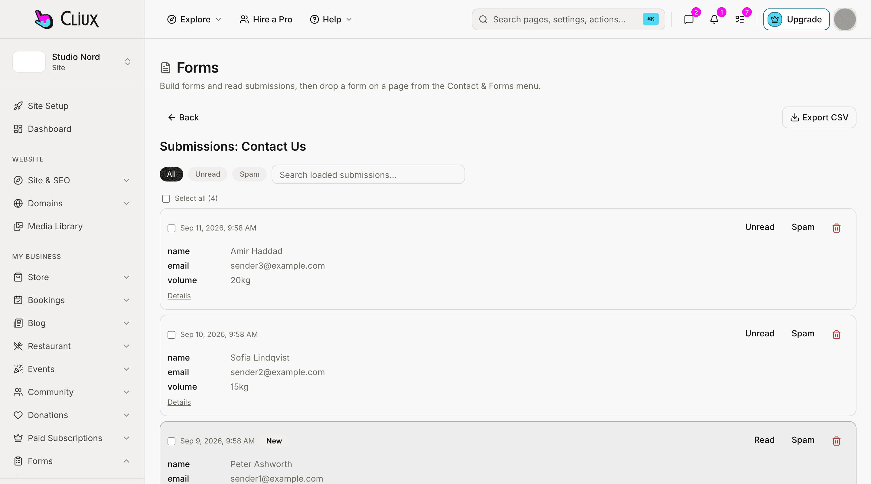 The submissions inbox of a sample contact form: each submission with its fields, unread and spam controls and a CSV export.