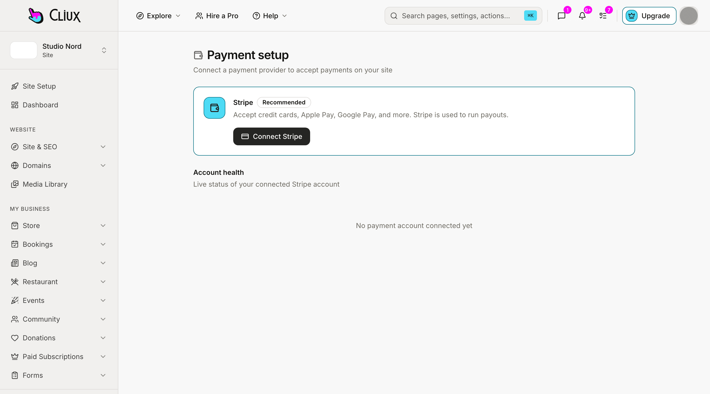 The Payment setup screen in the site console: a Stripe card with a Connect Stripe button and an account health panel below it.