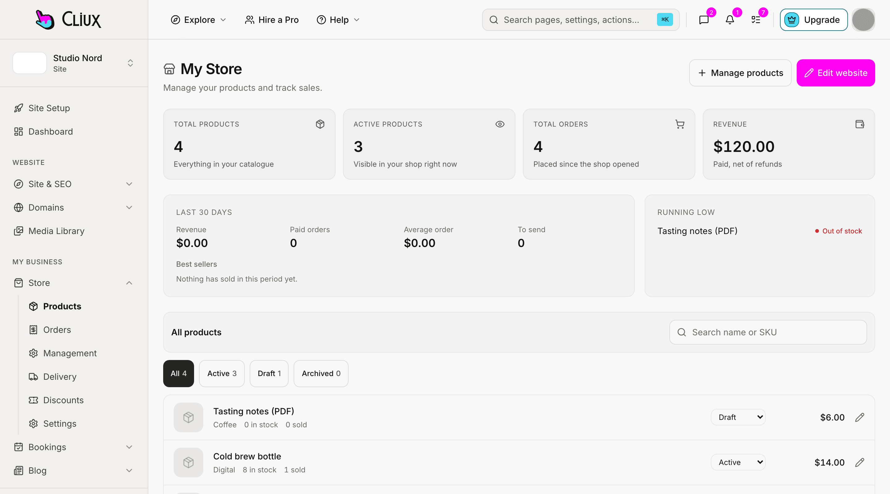 The store dashboard: product, order and revenue tiles, recent orders and the product list, on a sample site.