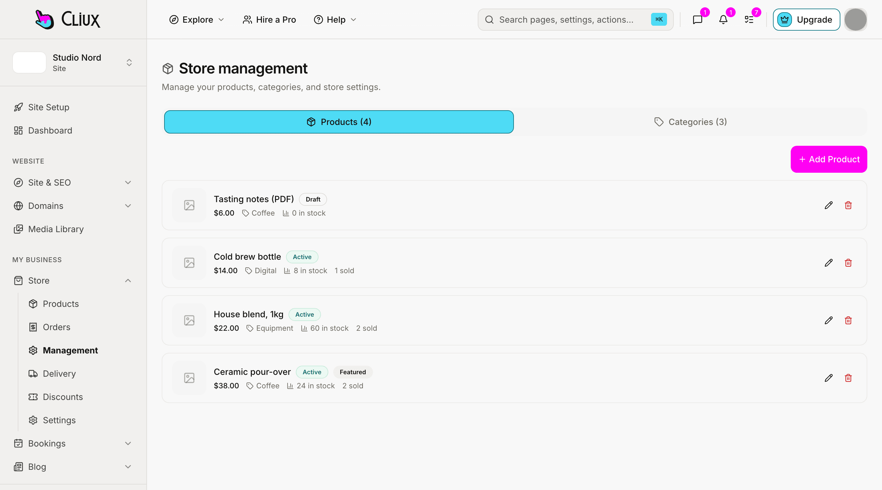The store management screen of a sample store: every product with its status, price, category, stock count and units sold.