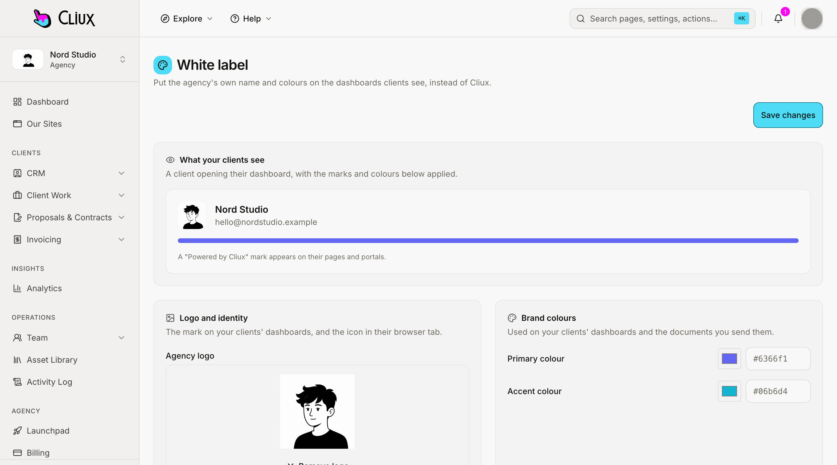 The white-label screen: logo upload, the Cliux mark switch and a preview of the client rail, with sample data