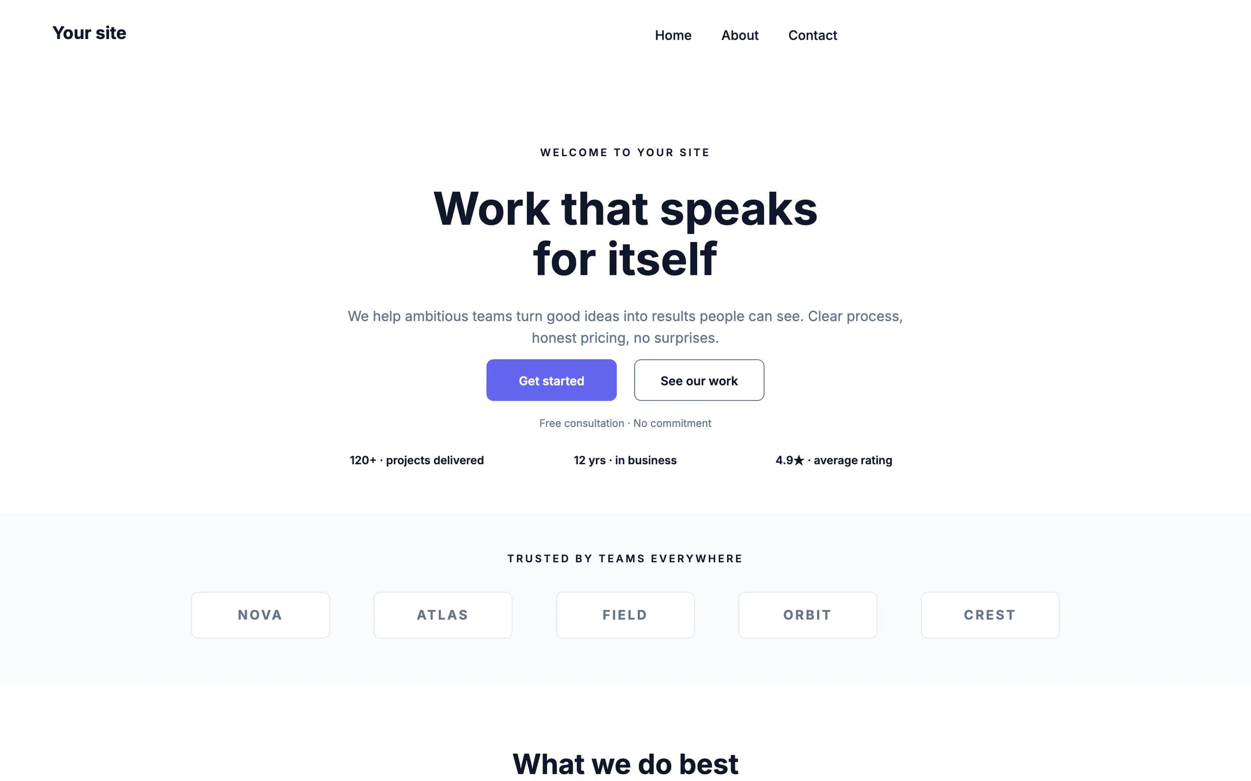 The Modern ecommerce website template at desktop width: the site name and a menu of Home, About and Contact, a centred headline over two buttons and three figures, and a strip of client names below it.