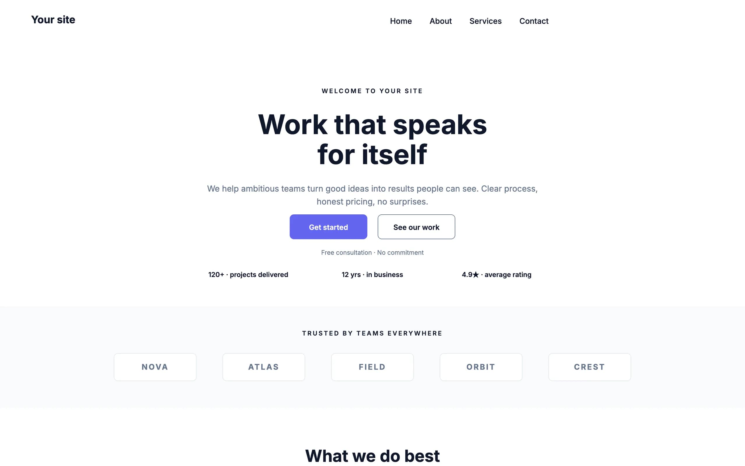 The Modern business website template at desktop width: the site name and a menu of Home, About, Services and Contact, a centred headline over two buttons and three figures, and a strip of client names below it.