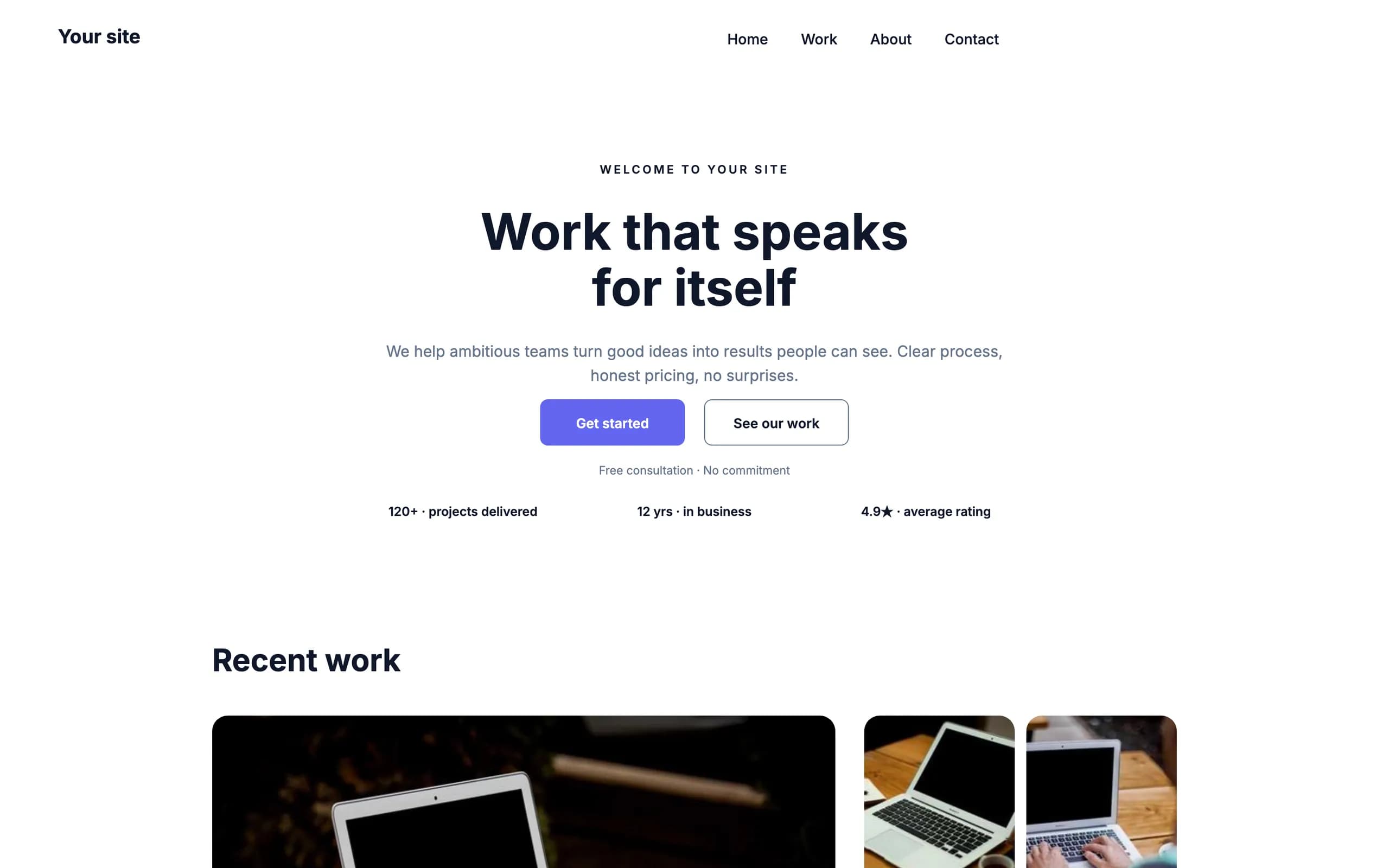 The Modern portfolio website template at desktop width: the site name and a menu of Home, Work, About and Contact, a centred headline over two buttons and three figures, and the first photographs of its recent work below it.